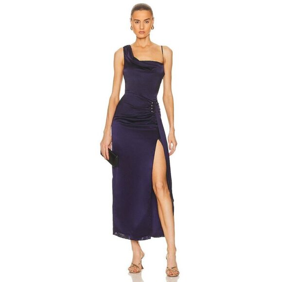 NICHOLAS Senda Asymmetric Gown in Midnight 0 New Womens Satin navy Long Dress - Picture 1 of 13